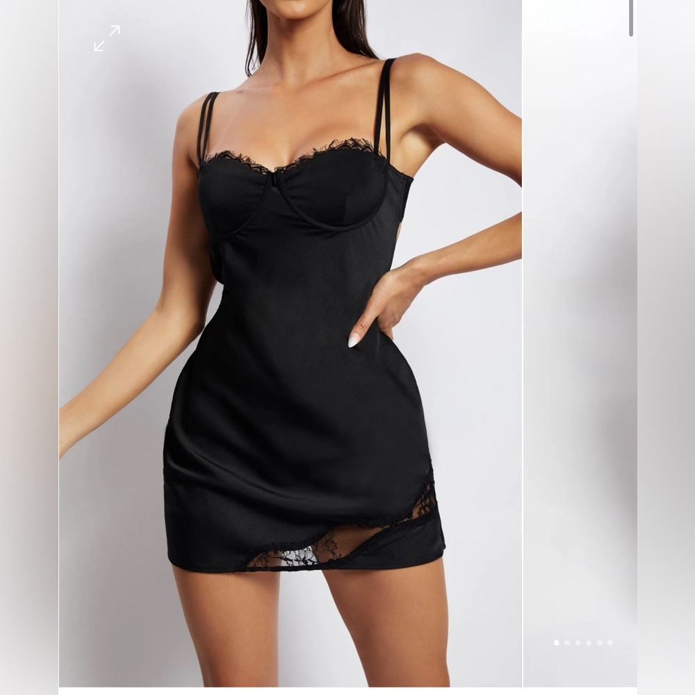 MESHKI black lace satin slip dress
